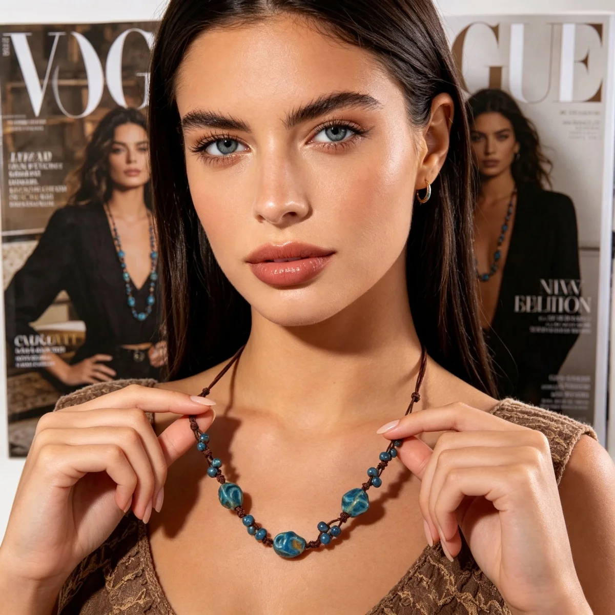 Retro-Künstlerischer Stil Unregelmäßige Blaue Keramikperlen Lange Halskette für Frauen Männer Boho Ethnische Braune Wachsschnur Pulloverkette Schmuck – Detail 16