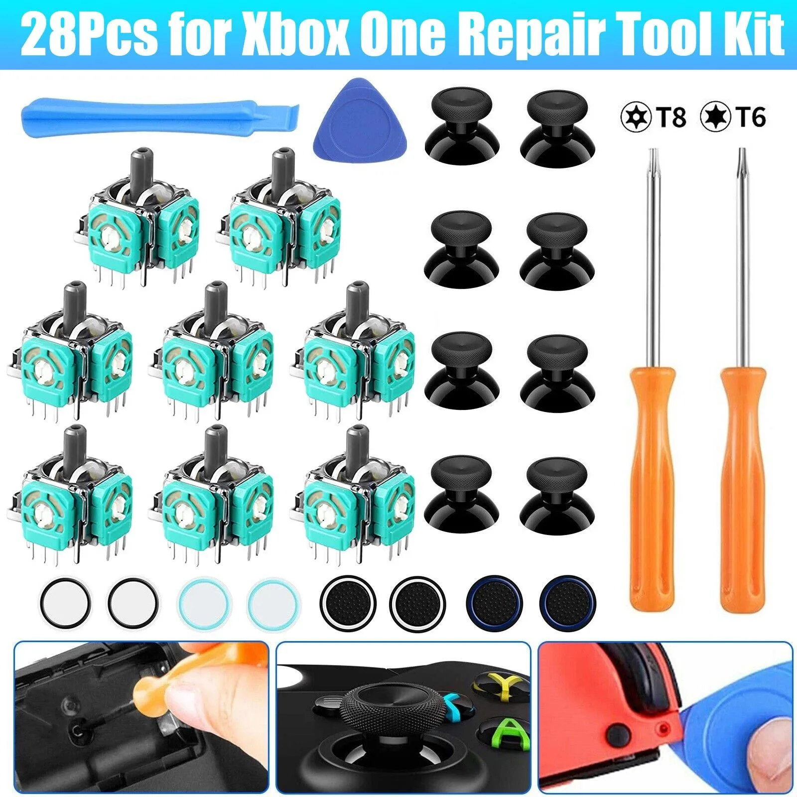 For Xbox One/360 Controllers Joystick Thumbstick Repair Kit Fix Stick Drift Includes Analog Sticks Caps Silicone Covers&Tools