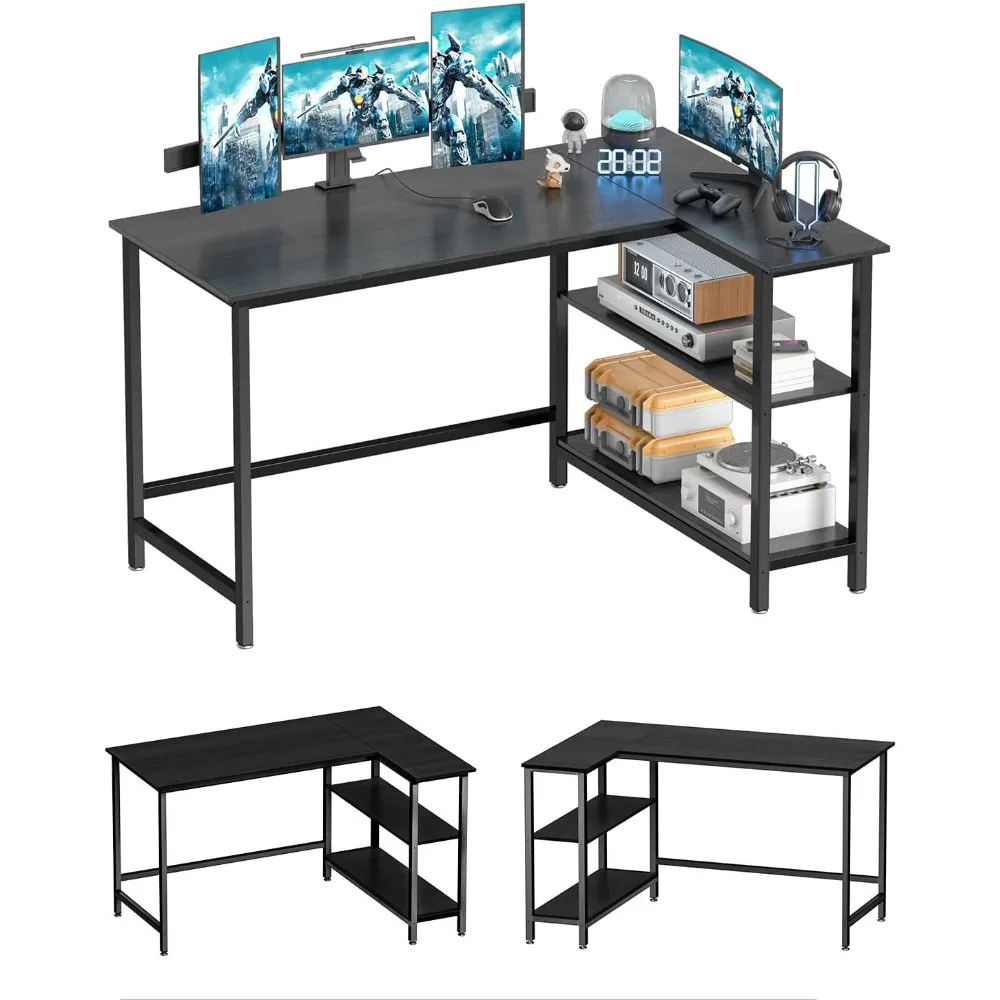 L Shaped Computer Desk - Home Office Desk with Shelf, Gaming Desk Corner Table for Work, Writing and Study, Space-Saving, Black