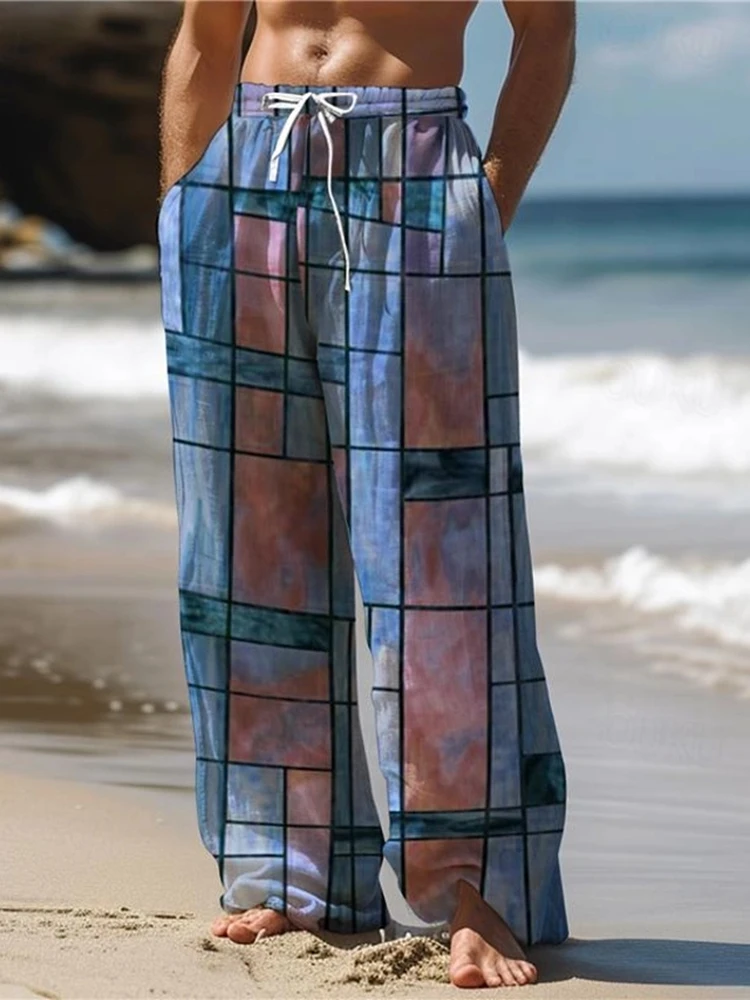 بنطال هاواي منقوش للرجال بطباعة ثلاثية الأبعاد بنطال مستقيم الساق بخصر مطاطي لقضاء العطلات في الشارع والصيف والربيع والخريف سهل التركيب