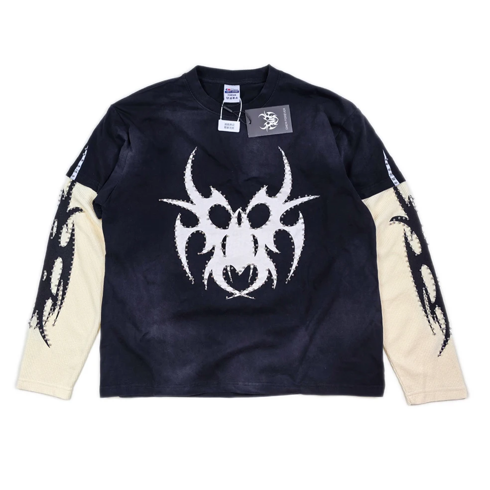 High Street Patchwork Retro Thorn Totem Print Puff Beads Fake Two Piece Tshirt for Men and Women Long Sleeve Autumn Top Tees