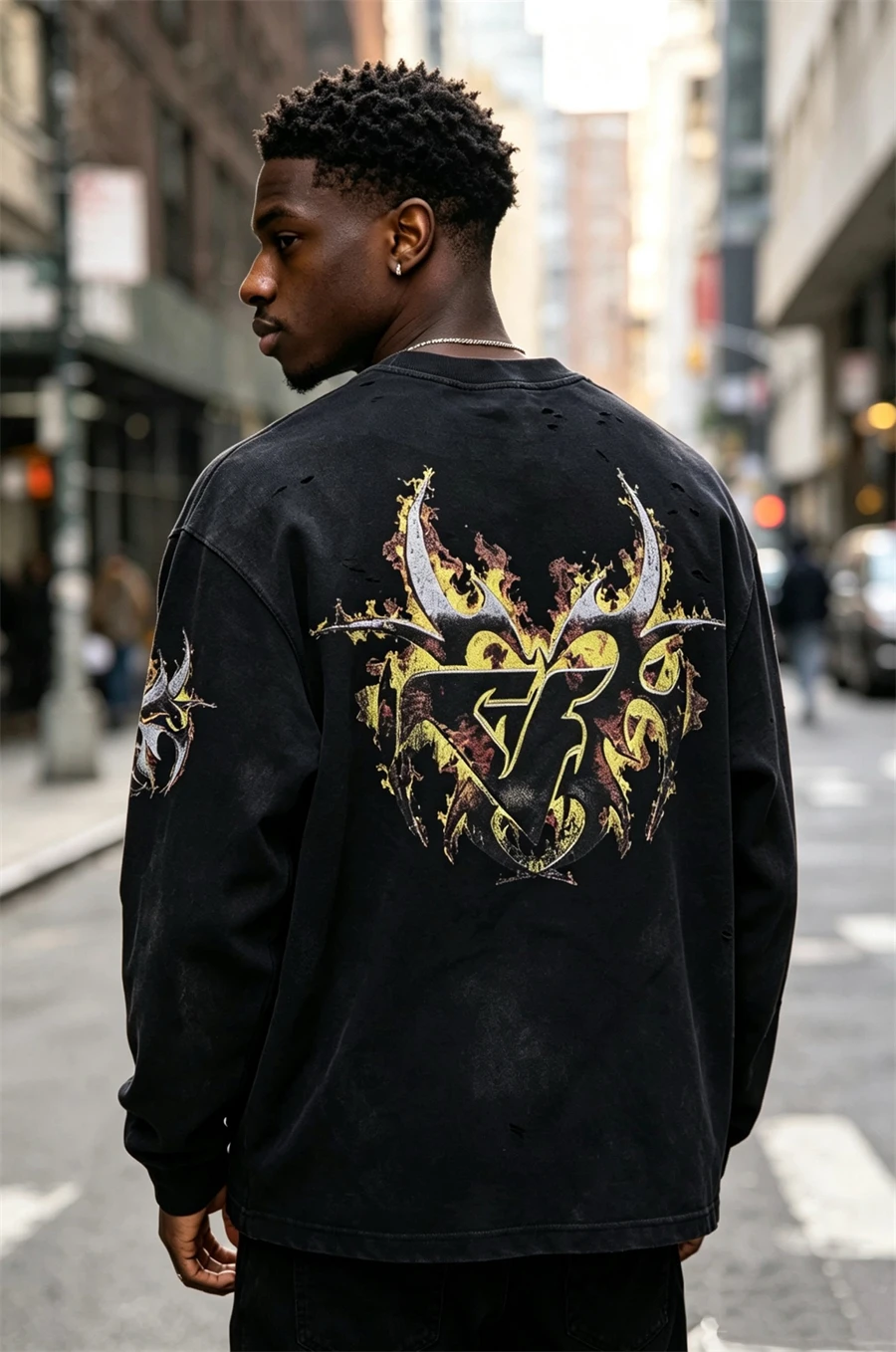 Autumn/Winter Street CHEW Flame Printing Cotton Heavy Metal Dark Style Long Sleeved Washed Hip-hop Versatile Trendy Hip Hop Top