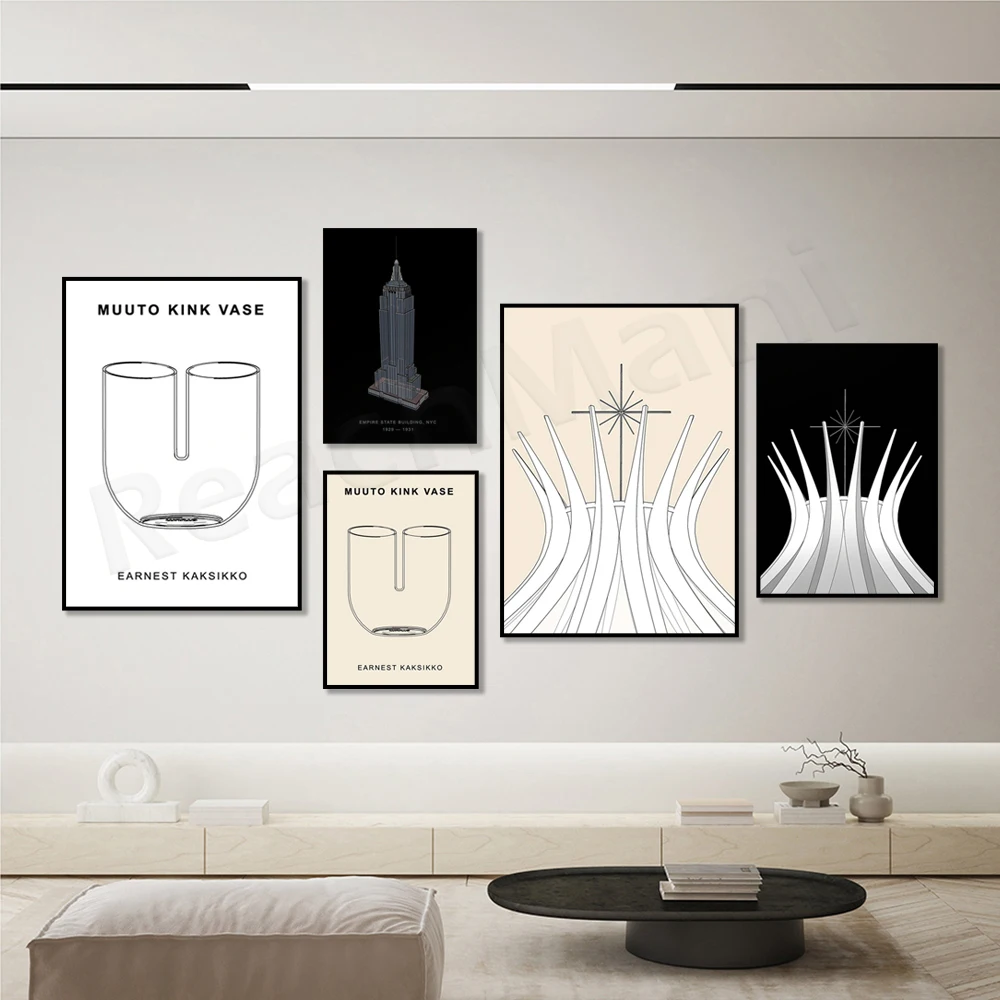 Brasilia Cathedral, Oscar Niemeyer St Paul's Building, New York, Muuto Kink Danish Vase, De Stijl, Finland Design Poster