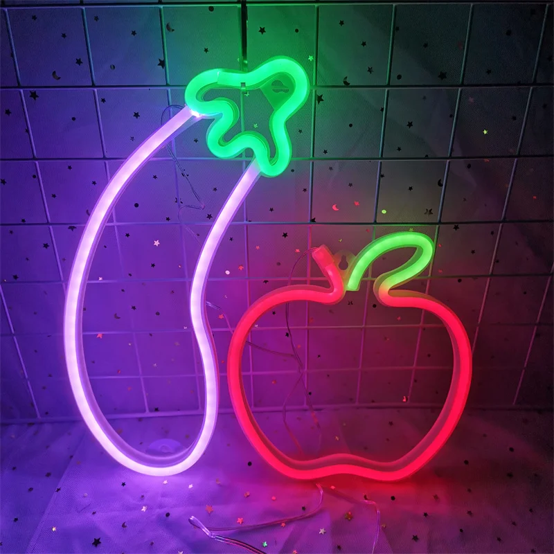 LED Eggplant Neon Sign Light for Bar KTV Snack Shop Decor Juice Letter Apple Fruilt Neon Lamp Christmas Wall Decor Birthday Home