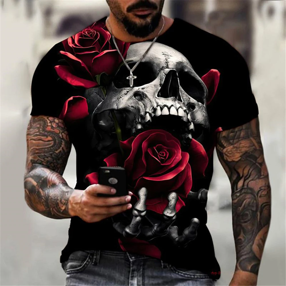 Black Skull Print T-shirt Men\'s Punk Style Street Apparel 3D Print Gothic Vintage T-shirt 2023 New Men\'s Summer Short Sleeve Top