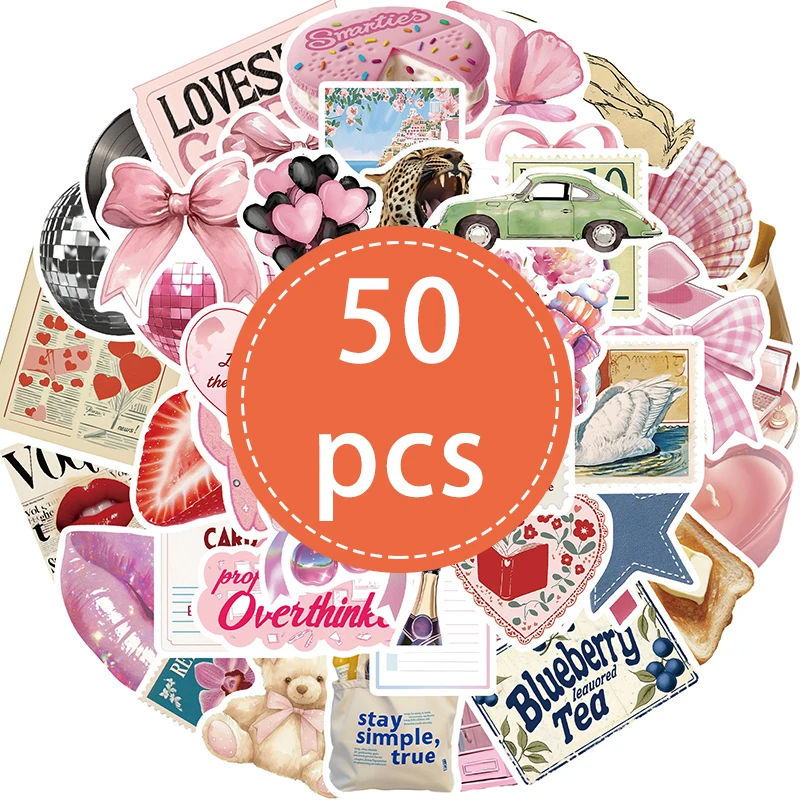 50PCS Pink Vintage Kawaii Waterproof Stickers image