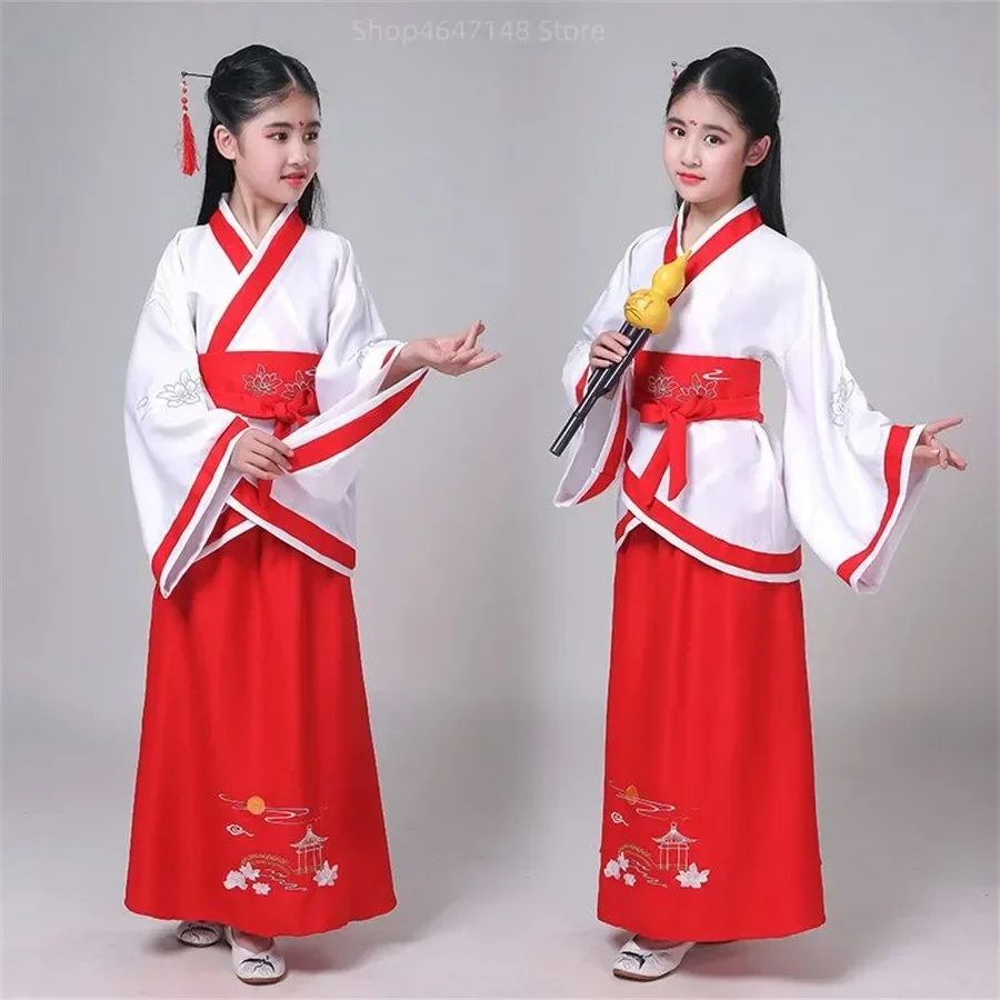 Vestido tradicional hanfu chinês para crianças, conjunto de roupas para festivais antigos, manga comprida, vestido de dança folclórica para menino e menina