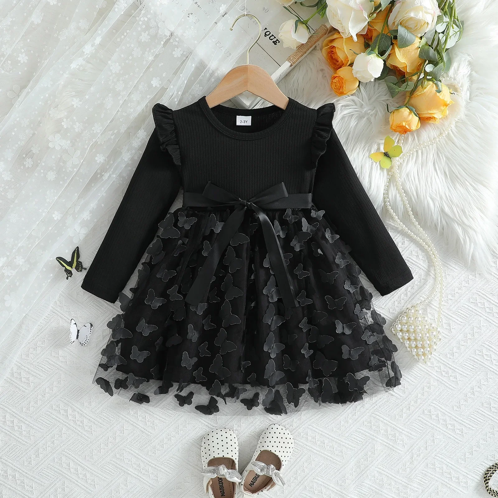 2025 Girls Dress Blue Pink Autumn Princess Dress Kids Clothes Birthday Party Dress Black Long-sleeved for Children Fashion 1-6Y