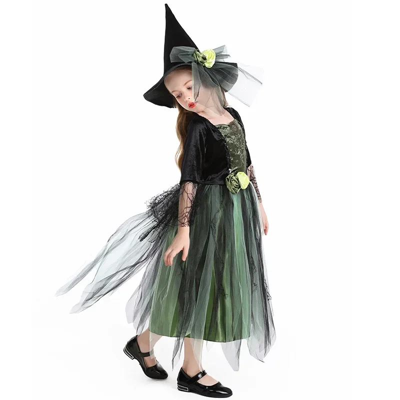 Children's Halloween Costume Green Gauze Witch Dress With Hat Camellia Cobweb Witch Holiday Dress Stage Cosplay Wear