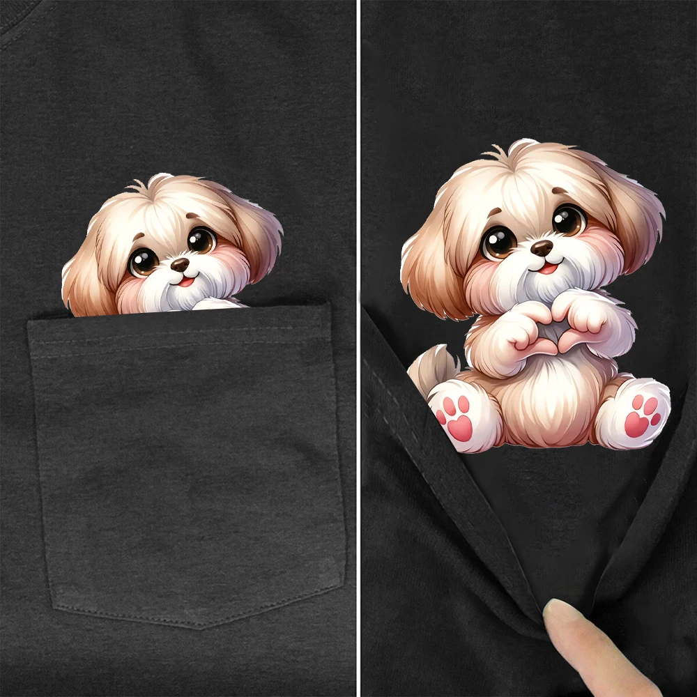 CLOOCL Shih Tzu Cotton T-Shirts Cute Dogs Hand Heart Gesture Printed Pocket T-shirt Women Short Sleeve Shirts Hip Pop Tops