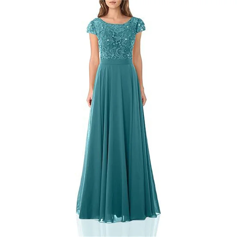 Uma linha de chiffon renda cristais manga curta elegante fora do ombro vestidos de dama de honra festa de casamento noite formal baile de formatura rendas até volta