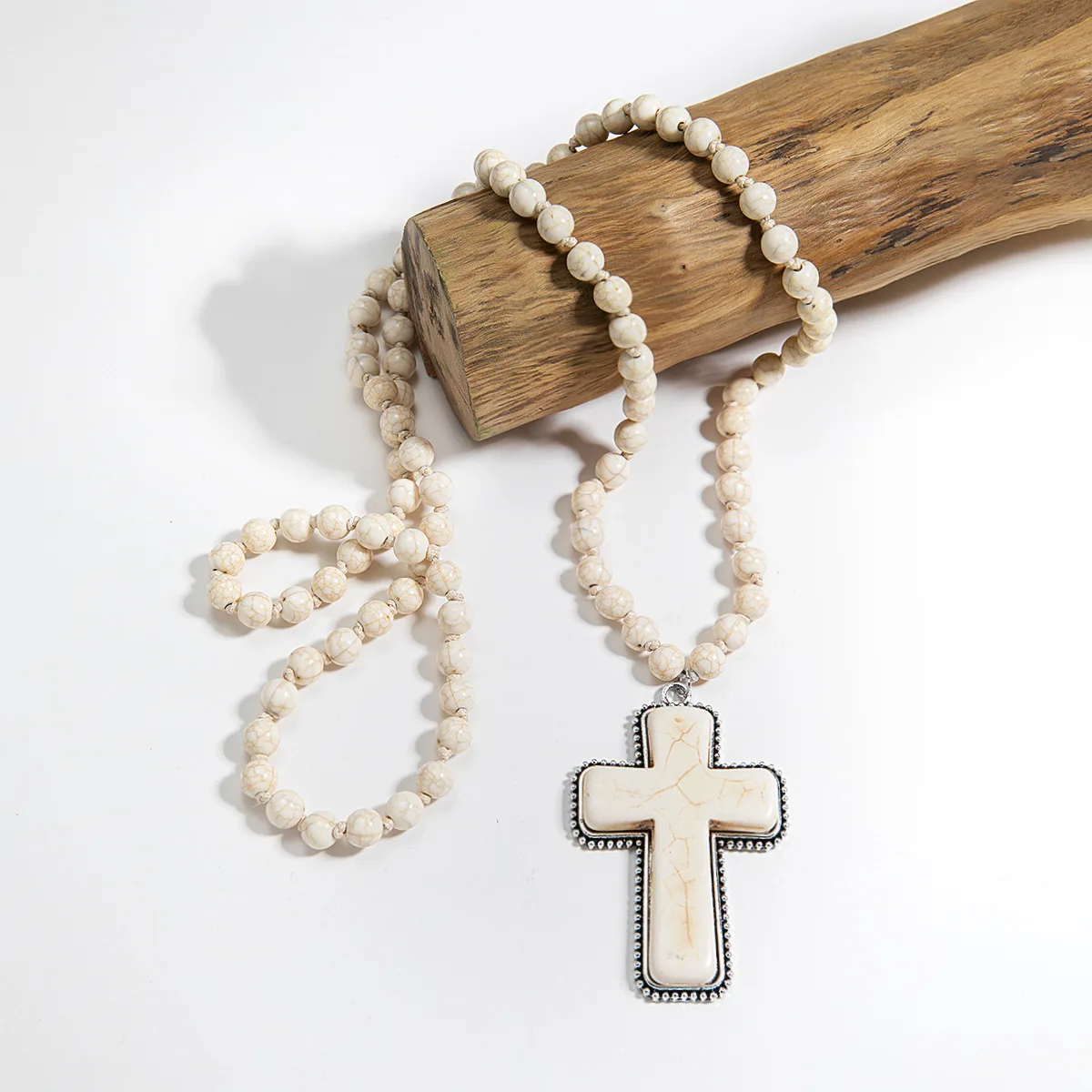 1Pc Vintage White turquoise beaded Rosary Necklace, Big Cross Pendant Western Bohemian Long Sweater Chain