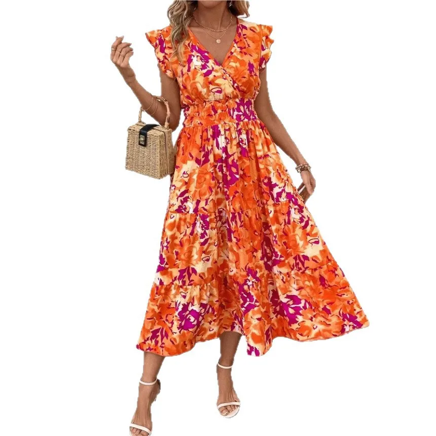 2025 verão novo vestido de ombro sem mangas feminino estilo boêmio cintura elástica plissado camadas torcidas