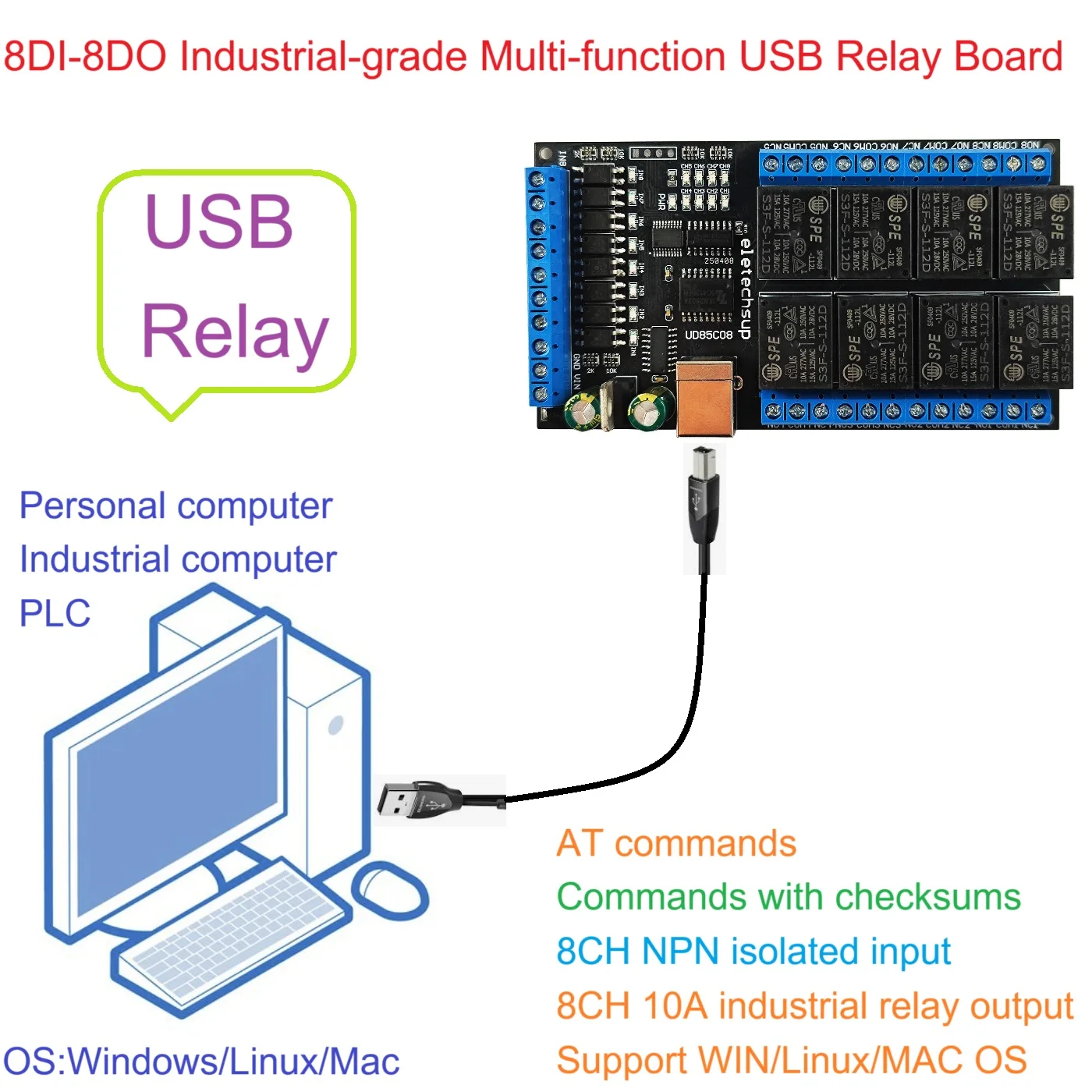 8CH Industrial-Grade USB Electronic Switch Module PC IO Expansion Board for Industrial & Home Automation Test Fixtures