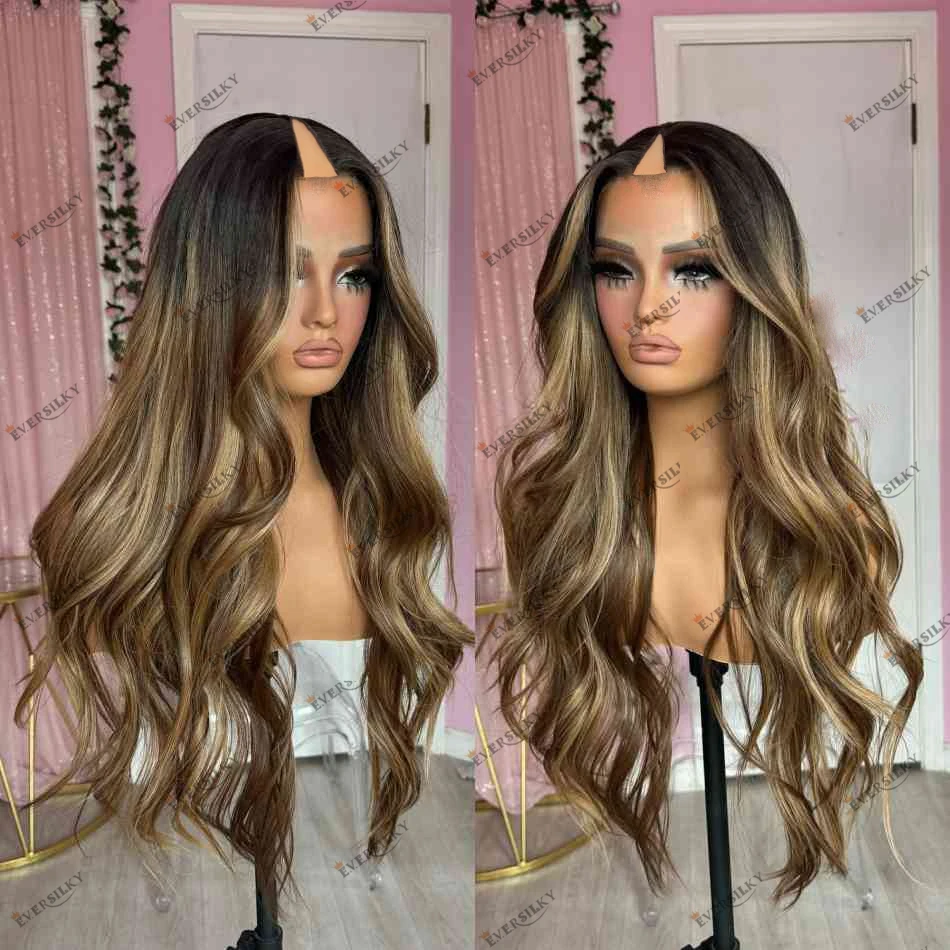 

Black Women Human Hair Daily Wear Glueless Machine Made V Part Wigs Wavy Blonde Highlighted Indian Remy Hair U part Wigs