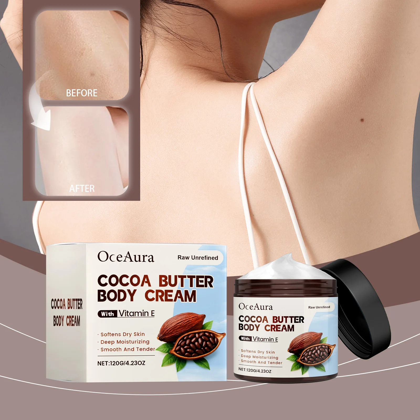 코코아 버터 바디 크림 (비타민 E 함유) - 건성 피부를 위한 깊은 보습 - 120g/4.2OZ - 영양 공급 및 부드러움