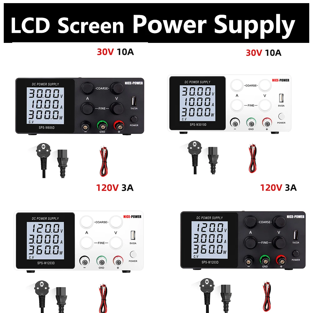 

Professional 4Digits LCD Display Power Supply 30V 10A USB 5V 2A Switching DC Adjustable Voltage Regulator 120V 3A Bench Source