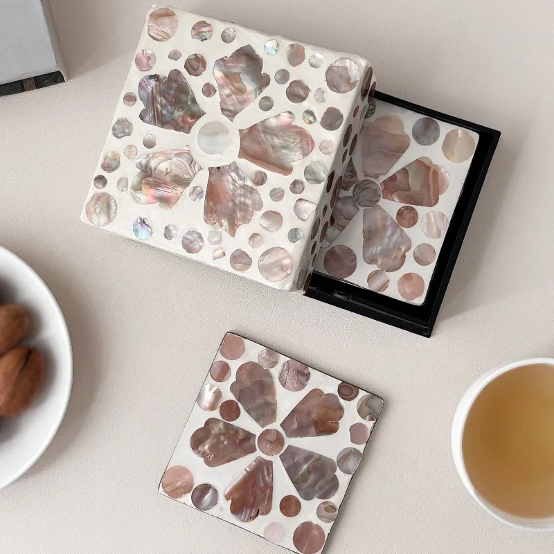 Natural Seashell Coasters Set, Square Heat Resistant Placemats for Tea Ceremony, Anti-Slip Table Decor for Coffee Table