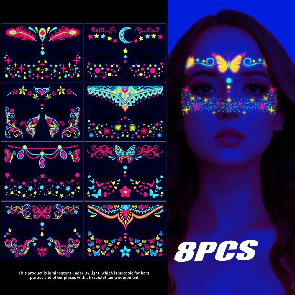 12/24 Stuks Lichtgevende Tijdelijke Tattoos Stickers Uv Neon Fluorescerende Glow In The Dark Voor Lichaam Gezicht Tattoo Stickers Party accessorie