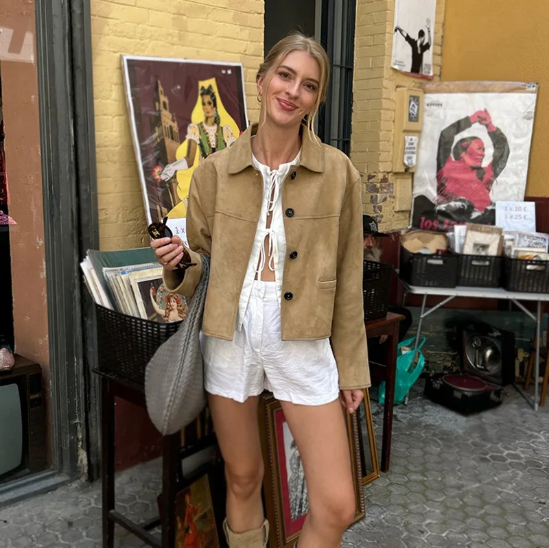 

2025 New Autumn Fashion Elegant Imitation Suede Short Jacket for Women Lapel Spliced Singel Breasted Slim Coat Female Clothes