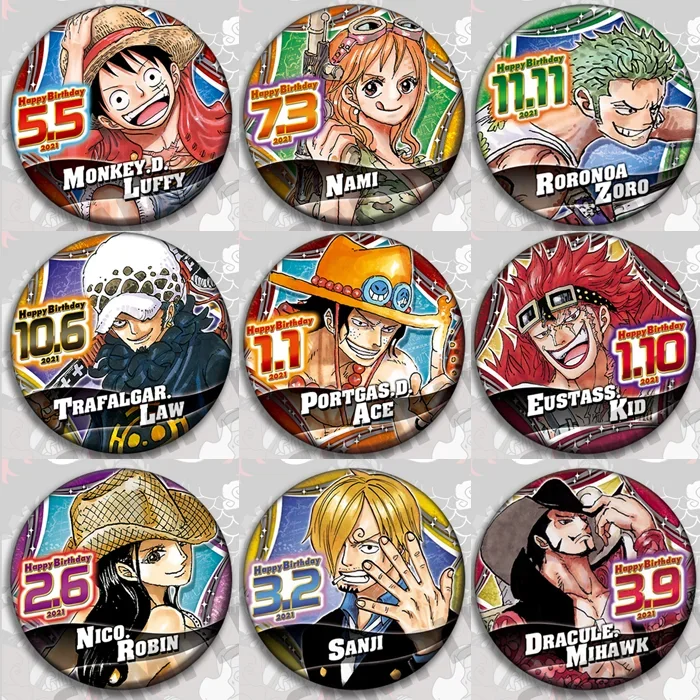 18 Pcs/lot One Piece Birthday Brooch Pins  ONEPIECE Luffy Zoro Sanji Nami Ace Usopp Shanks Badge Cosplay Exhibition Gift 58mm