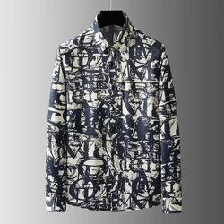 Spring New Graffiti Letter Digital Printed Long sleeved Shirt for Men's Personalized Vertical Casual Flower Shirt