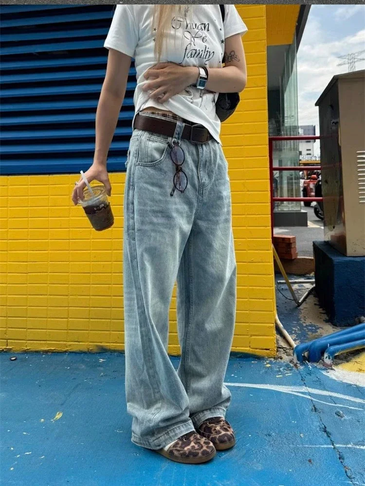 

Women's Wash Retro Light Blue Neutral Denim Trousers Summer Cool Girl Pants Vintage Bottoms Female High Waist Wide-leg Jeans