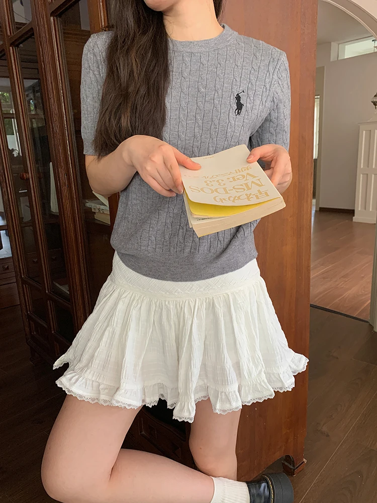 

Masalady Studio Ballet Sle ort Lace Hem Skirt White f-length Girls Skirt High Waist Cake Skirt Korean Sle Ciwalk