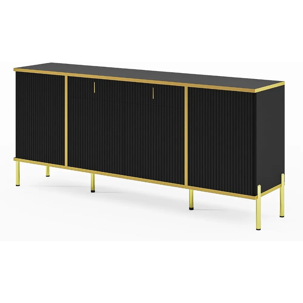60” Modern Sideboard Buffet Cabinet, Fluted Storage Sideboard with Adjustable Shelves & Pop-Up Doors, Multifunctional