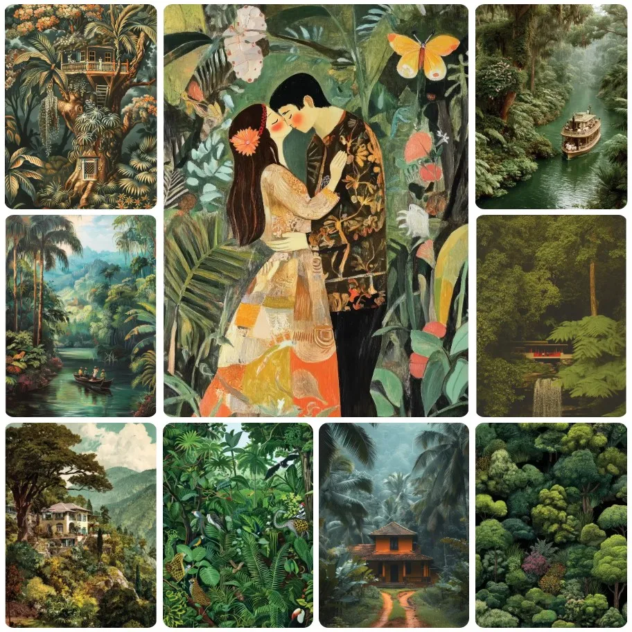 

DIY Tropical Rainforest Scenery Jigsaw Puzzle, Lush Jungle Landscapes with Couples, Boats and Treehouses, Nature Wall Decor
