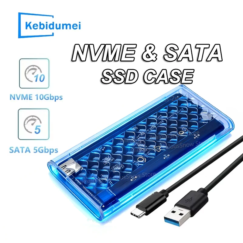 

M.2 NVME/NGFF Dual Protocol SSD Enclosure Transparent Hard Drive Case USB3.2 Type C RGB Light 10Gbps Enclosure SATA SSD Adapter