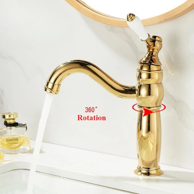 Luxus-Waschtischarmatur aus Messing im französischen Stil, Badezimmer-Waschtisch-Waschtischarmatur, heiß/kalt, drehbarer Auslauf, spritzwassergeschütztes Design