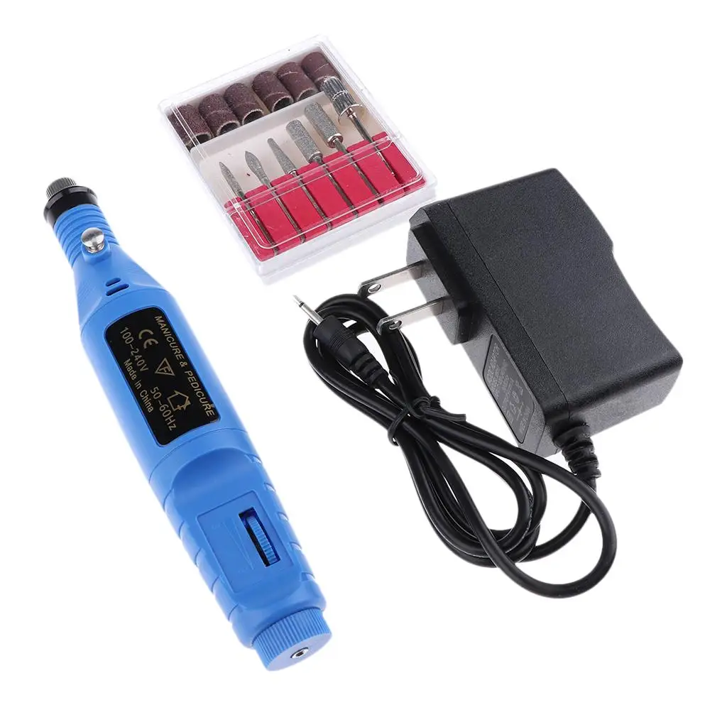 Nail Art Bohrer-Behandlungen-Set, Maschine, elektrische Feilenpuffer-Bits, Acryl, Maniküre, Pediküre, Hände und Nägel, Reparatur, US-Stecker – Blau