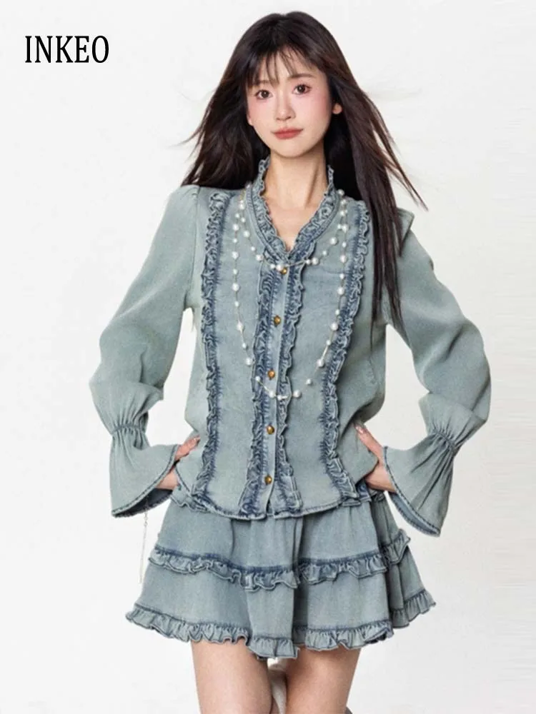 

Vintage Women Denim 2 Piece set V-neck Ruffles blouse Long sleeve tops And Elastic waist Mini skirt 2025 New INKEO 5D083