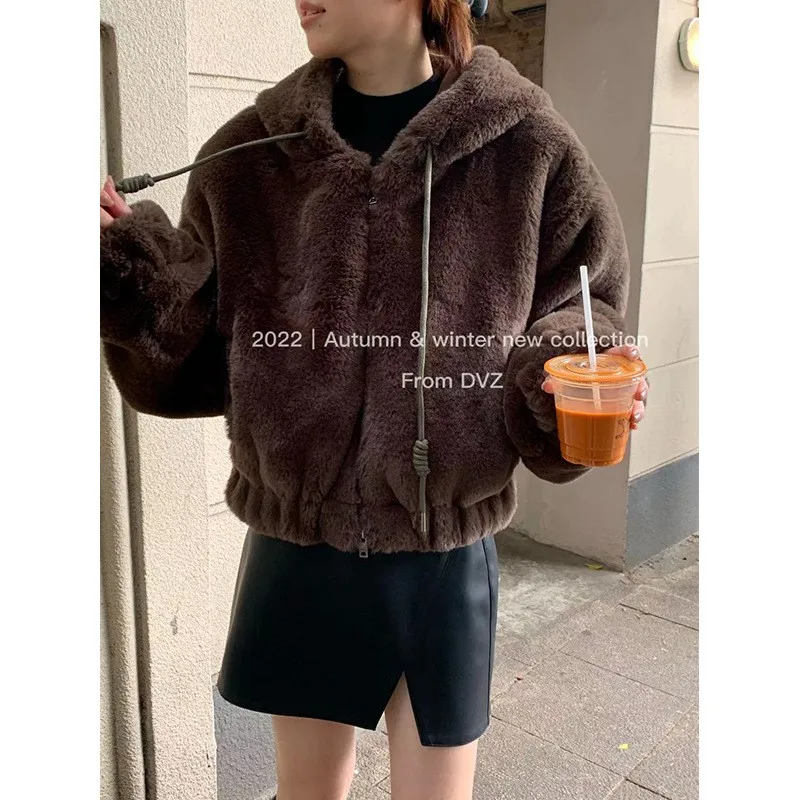 Lamb Wool Warm Fleece Fleece Coat Oversize Parkas Women\'s Fur Jacket Loose Faux Zip Hooded Thicken Short Fur Coat Thick Furry