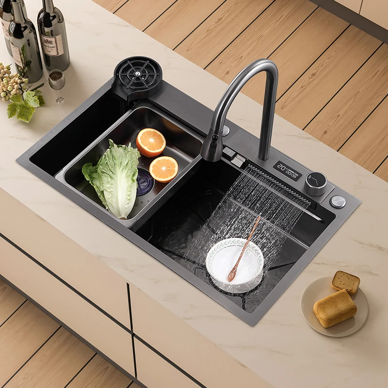 Wholesale Black color 304 stainless steel kitchen digital display raindance waterfall cup washer smart  sink for home