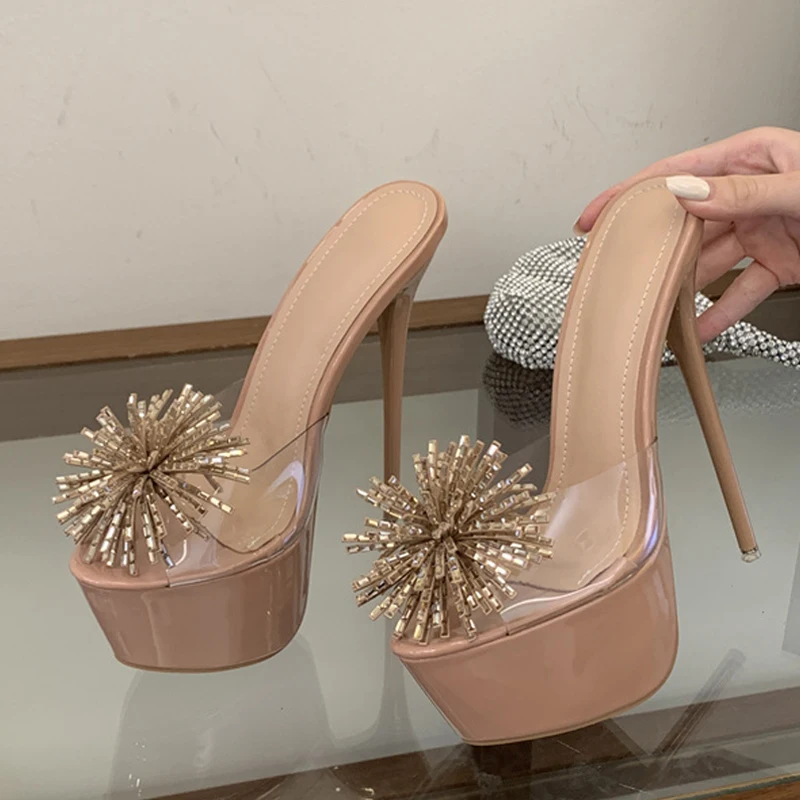 

Liyke New Design Rhinestone Flower Open Toe Fashion Show Platform High Heels Transparent Slippers Women Stiletto Shoe Size 35-46