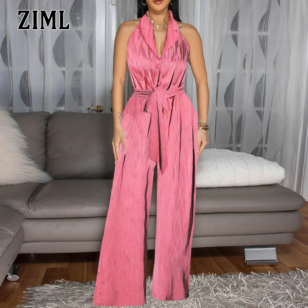 

ZIML Solid Spliced Lace Design Sense Tunic Jumpsuits for Women Halter Sleeve High Waist Temperament Jumpsuits Female Fashion New