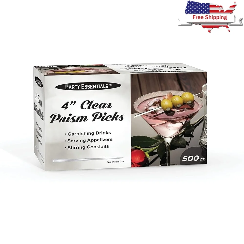 500 unidades de púas de prisma de plástico transparente de 4 pulgadas, brochetas para aperitivos, selecciones de cóctel, aperitivos de barbacoa de aceitunas Martinis ideales de calidad alimentaria