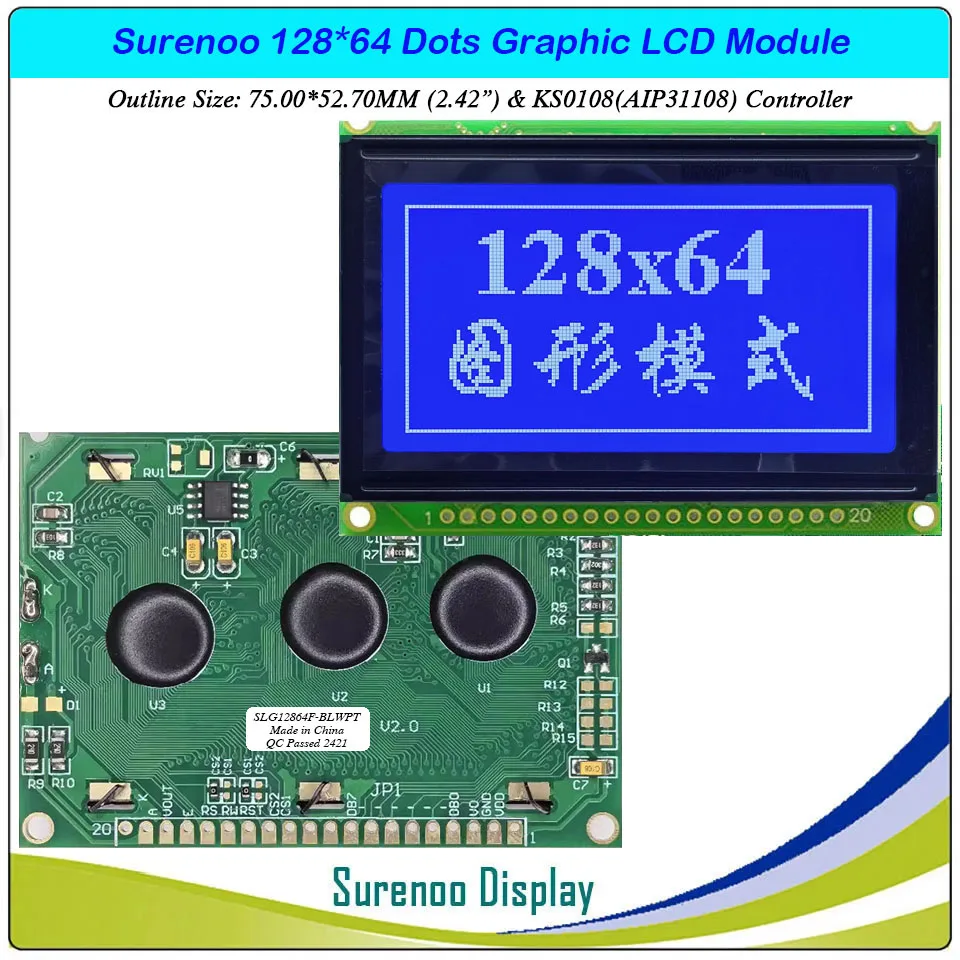 Surenoo 2.42" 75.0X52.7MM 12864 128*64 Graphic Matrix LCD Module Display Screen LCM build-in KS0108 Controller 4 Colors