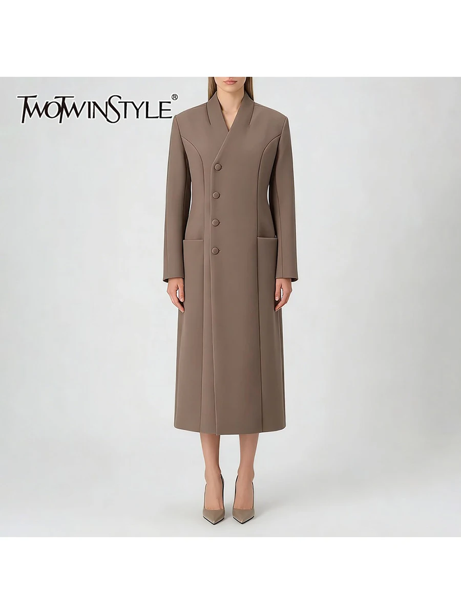 

TWOTWINSTYLE однотонные минималистичные пальто со сращенными карманами для женщин, новое пальто с v-образным вырезом и длинными рукавами, высокой талией, лоскутное пальто на пуговицах