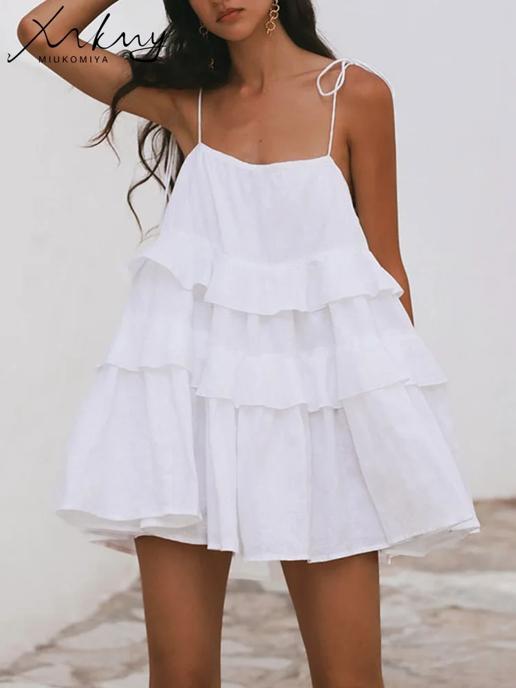 Summer Backless Mini Sling Dress Lace Up Ruffle For Women 2024 Short Camisole Dresses Blue Mini Pink Strap Women\'s Dresses White