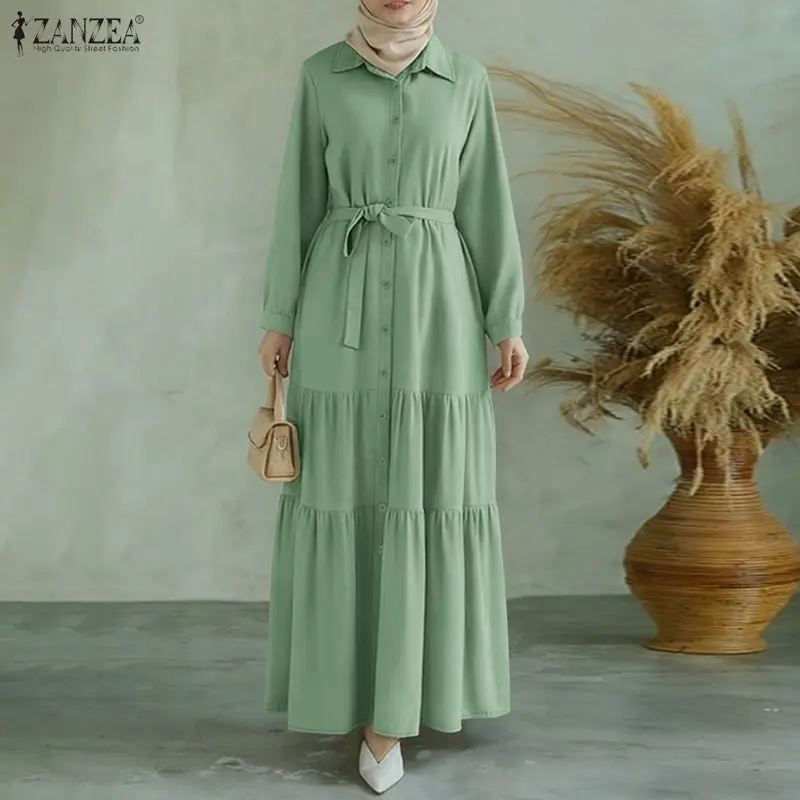 

ZANZEA Elegant Muslim Abaya Robe Femme Women 2026 Spring Maxi Long Dress Elegant Lapel Long Sleeve Work Dresses IsIamic Robe