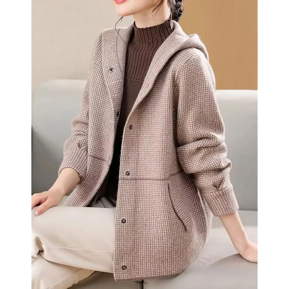 2024 NEW Spring Autumn Female Plaid Cardigan Jacket Hooded Knitted Coat Middle Aged Women Casual Cardigan Sweater Overcoat 4XL