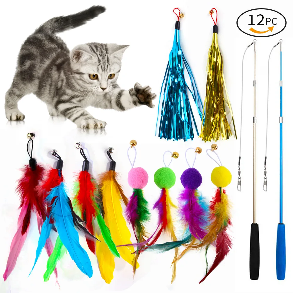 Dreiteilige Angelrute mit Quaste, Haarball, lustige Katze, 12-teiliges Set aus farbigem Feder-Ersatzkopf, Katzenspielzeug, interaktiv – Detail 1