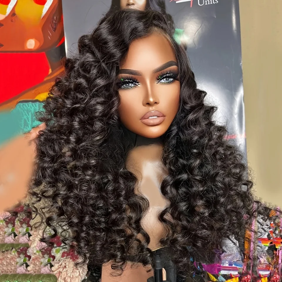 

Натуральный черный, глубокая волна, плотность 180, мягкий, 26 дюймов, длинный бесклеевой парик спереди, для женщин, детские волосы, предварительно выщипанные, термостойкие