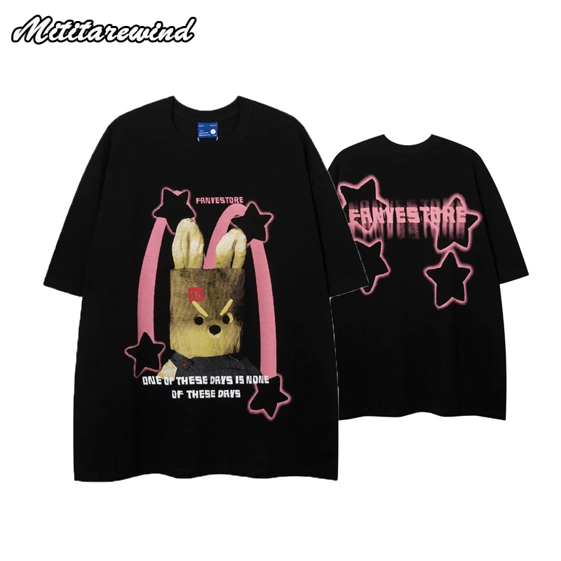 

Men's T-shirt Cute Cartoon Rabbit Stars Print Loose Oversize Short Sleeved Women's Half Sleeve Tops Casual Summer Y2k Style