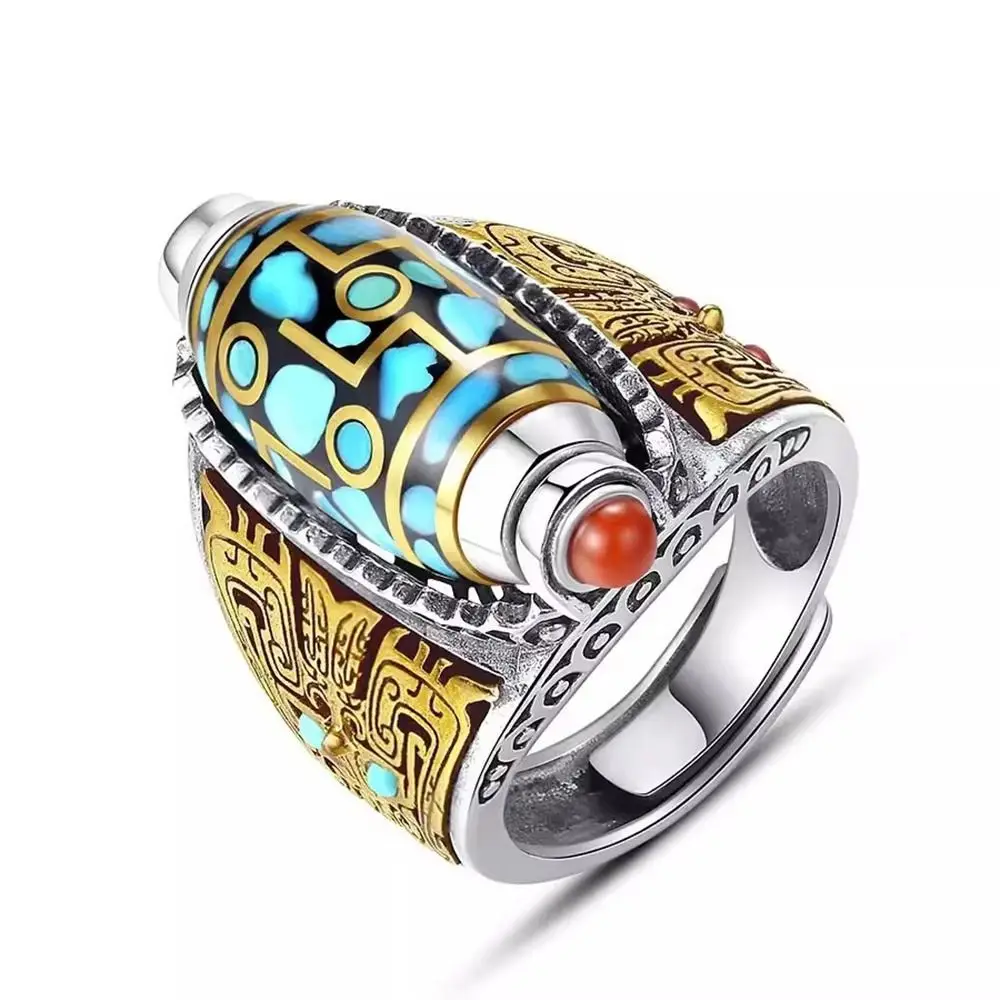Adjustable Size Nine Turns Dzi Ring Open Luck Vintage Ethnic Style Ring Tibetan Six-character Mantra Rotatable Finger Ring
