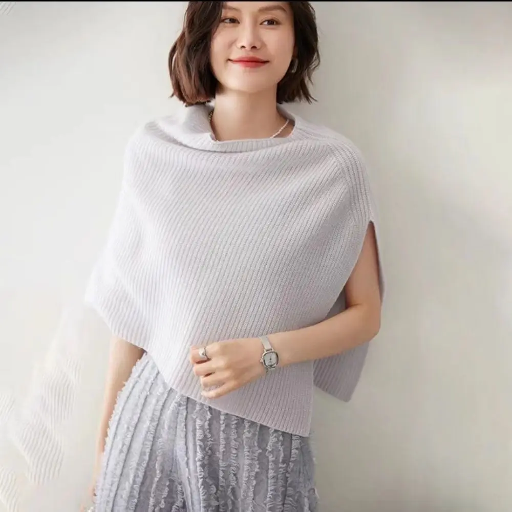 Solid Color Knitted Shawl Scarf Slit Front False Collar Coat Split Front Wrap Bib Style Pullover Warm Layering Wrap Cold Weather