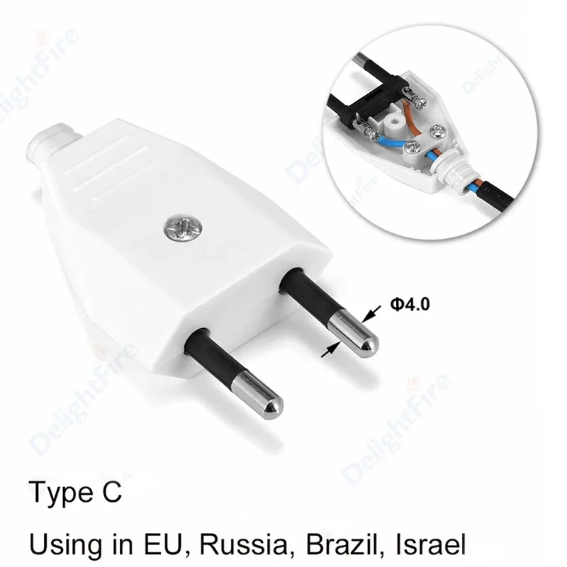 2 Pin EU European US Male Plug Female Socket AC Electrical Socket Adapter 250V Replacement Rewireable Extension Cord Connector